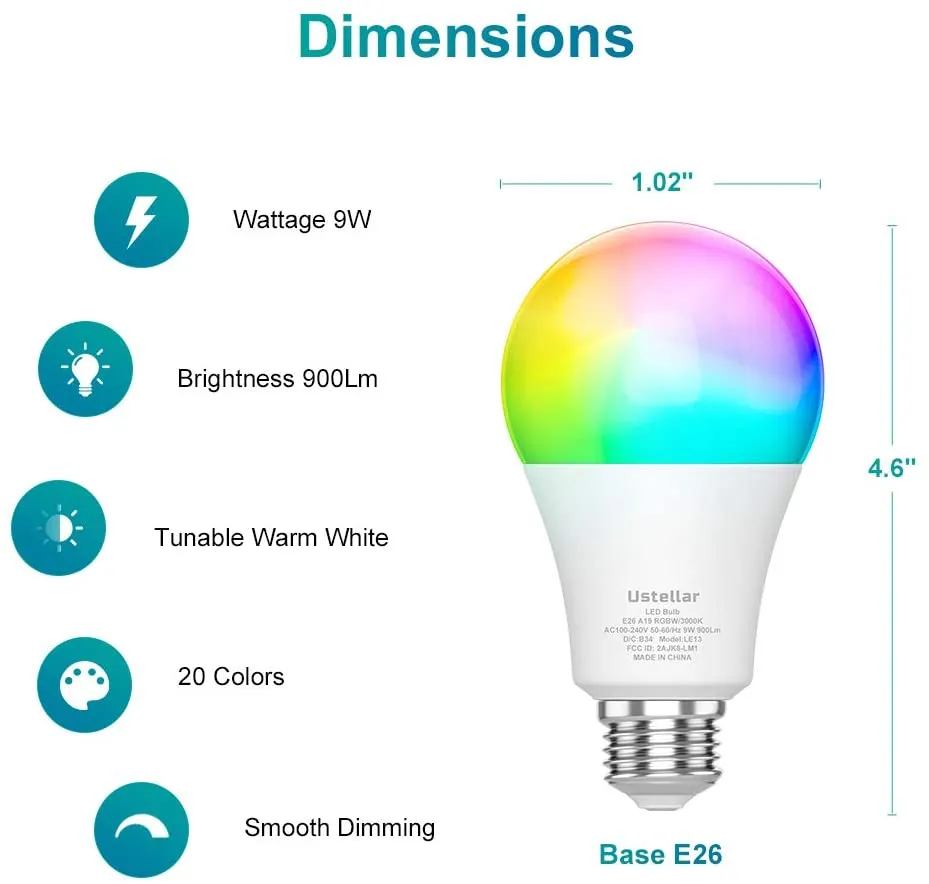 Ustellar 9W bec LED RGBW E26 3000K 2 bucati colorat